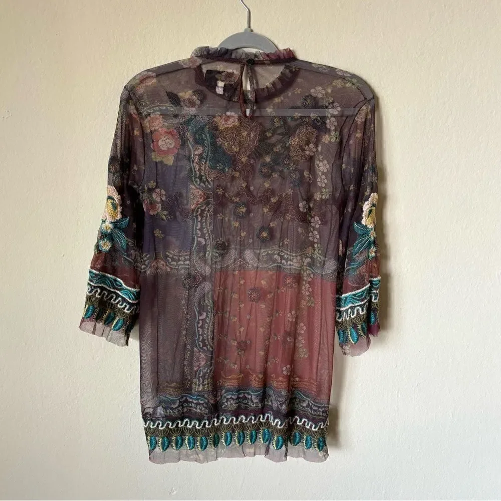 Johnny Was Renley Black Brown Blouse Sheer Mesh Floral Embroidered Size  XS